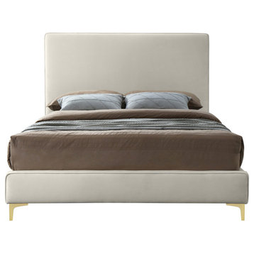 Geri Velvet Upholstered Bed, Cream, Full