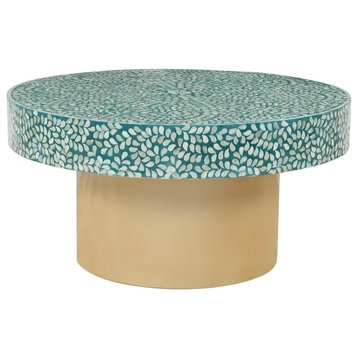 Unique Coffee Table, Golden Base, Swirling Capiz Shells Mosaic Round Top, Blue