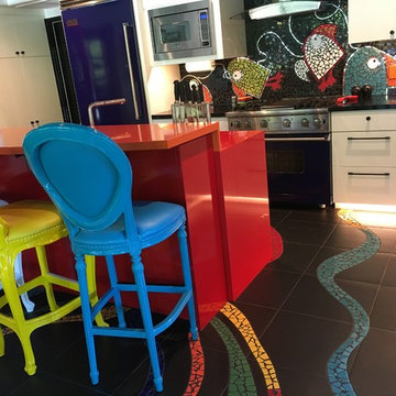 Red and Orange Quartz countertop, Black Silestone Countertop, Tweet Backsplash