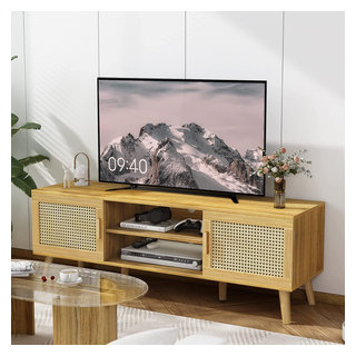 Modern Rattan TV Stand with Adjustable Shelf and 2 Cabinets