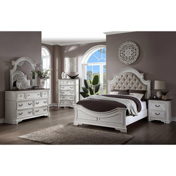 Queen Platform Bed, Carved & Scrolled Details & Tufted Headboard, Antique White