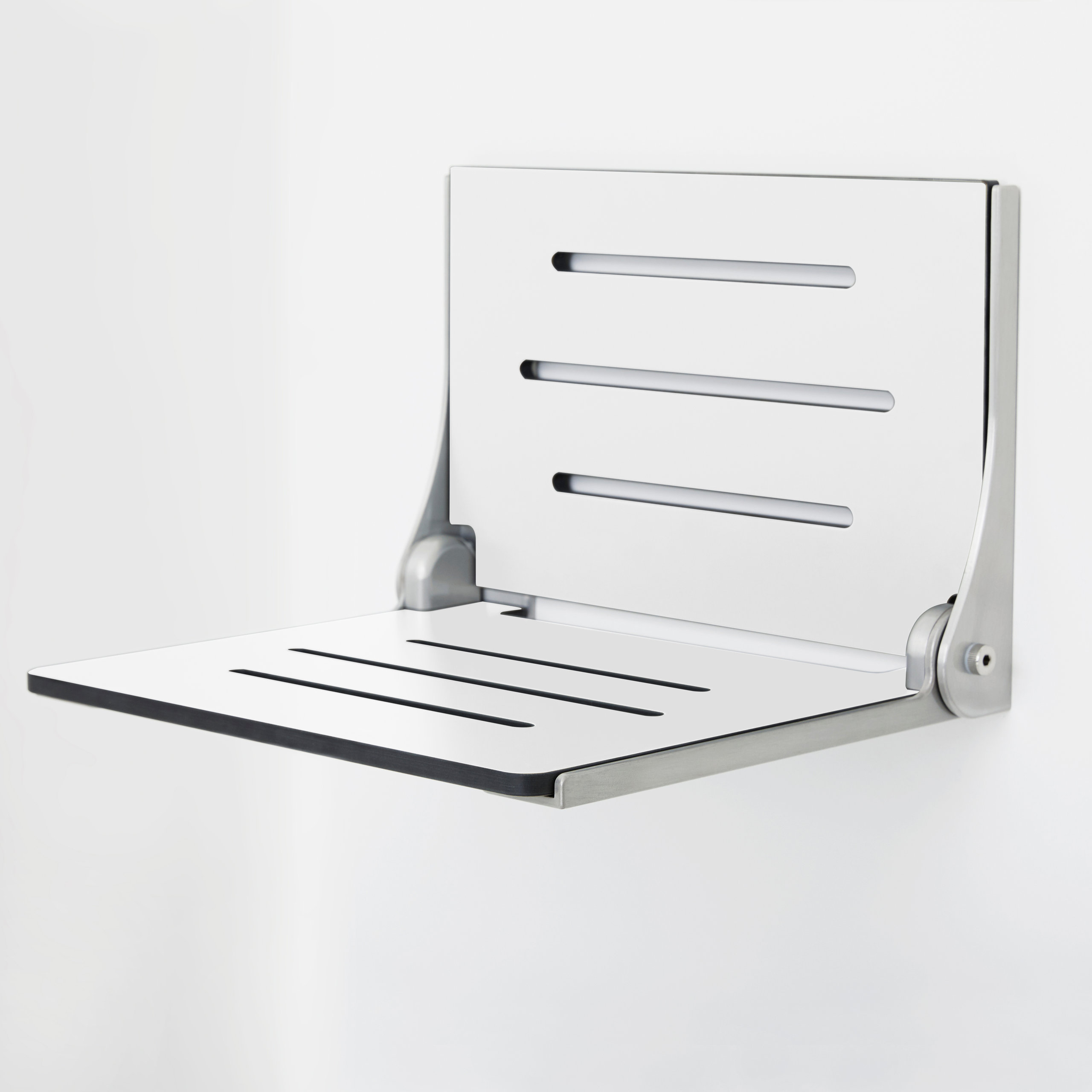 Silhouette Folding Wall Mount Shower Bench Seat, White Seat, Silver Frame