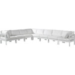 Meridian Furniture - Nizuc Water Resistant Patio L-Shaped Modular Sectional, White, 8-Piece: 5 Armless Chair, 3 Corner Chair, White Aluminum Frame - Pick and choose your favorites from the Nizuc collection to create a modular seating group the whole gang will enjoy. The sturdy aluminum frame provides dependable support for friends and family as they relax and unwind, and the resilient white water resistant fabric stands up to the elements without losing its beautiful demeanor, so you can count on it lasting for the long haul. Latches beneath these seating pieces help you easily attach them to one another for convenient setup.