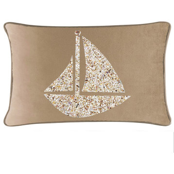 Sparkles Home Shell Sailboat Pillow, Champagne Velvet, 14x20"