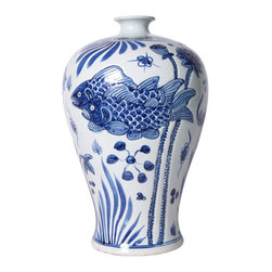 Belle & June - Blue and White Carved Fish Plum Vase - Vases