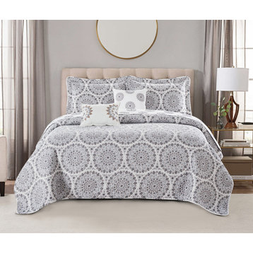 Tribal Medallion 5 Piece Printed Microfiber Quilts Set, Gray, Over-Sized King 10