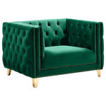 Meridian Furniture - Michelle Fabric Upholstered Chair, Gold Iron Legs, Green, Velvet, Chair - Upholstered in soft green velvet, this Michelle chair is sumptuously glamorous. Designed for upscale living, this chair features rich gold nail head trim and gold iron legs that keep it grounded in contemporary beauty. Tufted material covers every inch of this unit, and button tufting ensures that the unit stays plump and comfortable and holds up well to continual use. Pair it with other items in the collection for a cohesive look.