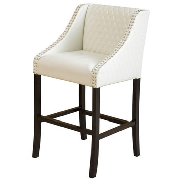 Unique Counter Stool, Bonded Leather Seat With Diamond Tufting, Ivory White
