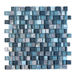 Glossy Blue and Blue Stone Random Brick Cubes Pattern Glass Mosaic Tiles - Home Accessories & Decor