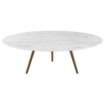 Transitional Coffee Table, Round Design With Tapered Legs & Faux Marble Top