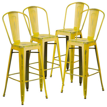 Set of 4 Bar Stool, Ergonomic Design With Removable Back, Distressed Yellow