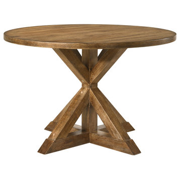 Round Wooden Table With Pedestal Base, Weathered Oak Brown
