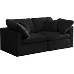 Meridian Furniture - Plush Velvet / Down Standard Comfort Modular Sofa, Black, 2-Piece: 2 Corner Chair - No matter how big or little the size of your gang, they can all find their sweet spot when you choose pieces from the Plush collection to build your ideal seating group. Choose this individual Plush piece or pair multiple pieces together to get the custom look everyone will love. The soft black velvet material is soft and welcoming to the touch, and the set's cushions are overstuffed with a down and feather blend to provide ample support for tired bodies.