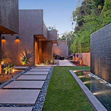 Cordell Drive Hollywood Hills modern home entry path & garden waterfall pond