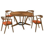 Armen Living - Santana 5-Piece Round Walnut Wood Dining Table Set With Orange Fabric - Host like a pro with the Santana 5-piece Round Wood Dining Set from Armen Living. Perched upon a sculptural base with beautifully crafted splayed legs, our modern round dining table serves as an elegant focal point for any room. It plays around with the angles of wooden grains to achieve a rich and eye-catching tabletop. Our versatile and mid-century modern dining set can effortlessly complement a variety of different styles. Its space-friendly proportions make it a perfect fit for eat-in kitchens and dining rooms. This dining set includes 1 dining table and 4 dining chairs. The round shape of our dining table makes it a natural hub for conversations and spending leisurely time. The 54 diameter tabletop easily allows seating for up to 6. The dining chairs feature a curved and hugging back to support you in just the right places. Completed with slender angular legs, the chairs make a stunning statement. The dining chairs deliver an airy silhouette vouching for hours of comfortable sitting. With an upholstered and padded seat, these dining chairs offer as much comfort as they do style. The Santana Dining Set is available in a walnut finish with your choice of charcoal, blue, or orange upholstery or a black finish with charcoal upholstery.