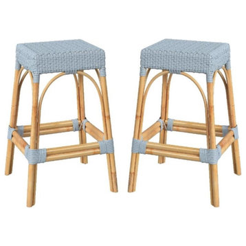 Home Square Rattan Backless Barstool in Twilight Blue - Set of 2