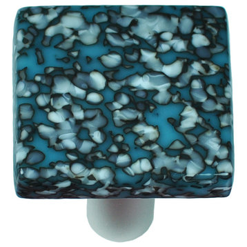 Art Glass Square Knob, Black Post, Granite, Turquoise Blue & French Vanilla