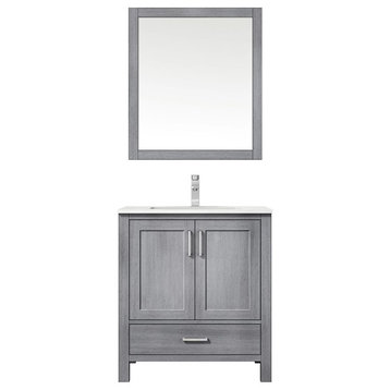 Jacques 30" Distressed Grey Single Square Sink Vanity with Quartz Top, With Mirr