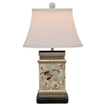 Beautiful Chinese Porcelain Table Lamp, Square Vase Floral Bird Motif, 23"