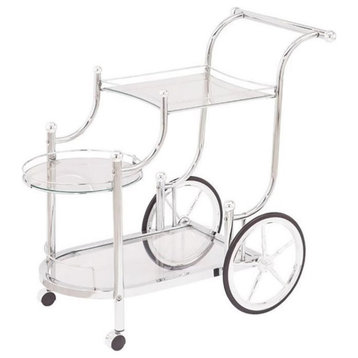 Bowery Hill Glass Top Serving Cart with Finials in Chrome