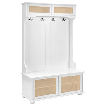 TATEUS Hall Tree Entryway Bench with Rattan Door Shelves and Shoe Cabinets, White