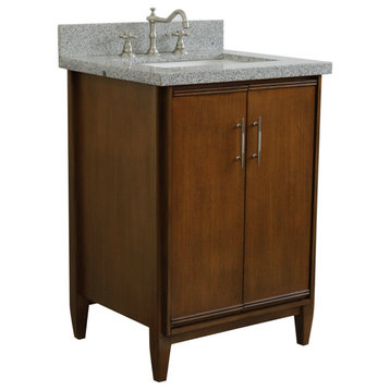 25" Single Sink Vanity, Walnut Finish With Gray Granite and Rectangle Sink