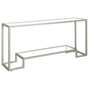 Modern Console Table, Geometric Frame With Large Glass Top & Shelf, Satin Nickel