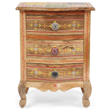 Boho Nightstand, Drawers With Hand Painted Floral Patchwork, Natural/Multicolor