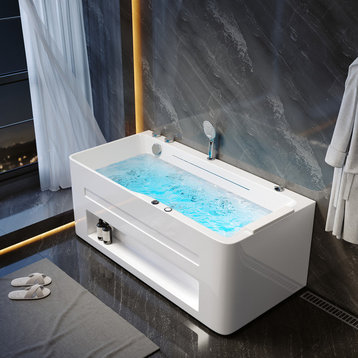 60" Modern Bathtub Acrylic Rectangular Whirlpool Water Massage Bathtub with LED