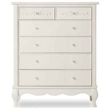 Tall Dresser, Unique Design With Ribbon Scrollwork and Crystal Knobs, Ivory Lacy