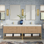 MOD - Bahia Bath Vanity, Oak, 84", Brushed Gold Hardware, Double, Freestanding - The luxurious Bahia Vanity draws on multiple materials to exude a contemporary, refreshing feel. Constructed with built-in legs, concealed hinges and adorned with stylish hardware, your bathroom will feel part of the new age while preserving the natural warmth of vintage designs. Keep things tidy and hidden with the soft-close drawers and cabinets, and display it your way across the beautiful, thick natural stone countertop and lower tray.