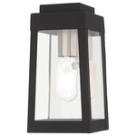 Livex Lighting - Livex Lighting Black 1-Light Outdoor Wall Lantern - This updated industrial design comes in a tapering solid brass black frame with a sleek, straight-lined look. Clear glass panels offer a full view of the brushed nickel accents, that will house the bulb of your choice.