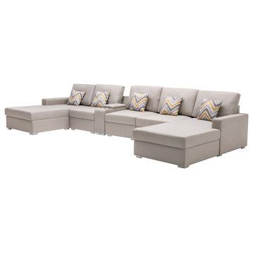 Nolan Fabric Double Chaise Sectional Charging Port Console 2 Type Leg, Beige