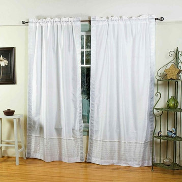 White Silver Rod Pocket Sheer Sari Curtain / Drape / Panel -43W x 84L-Pair