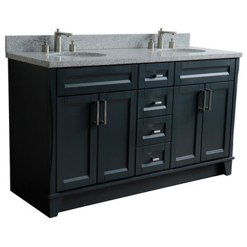 61" Double Sink Vanity, Dark Gray Finish And Gray Granite And Oval Sink