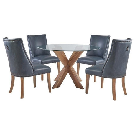 Linon Hale 5 Pce Dining Set Round Glass Table in Navy Faux Leather/Natural Wood