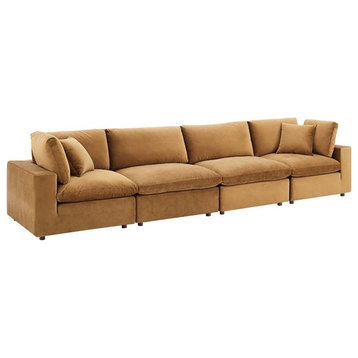 Modway Commix 4-Seater Down Filled Performance Velvet Sofa in Cognac Brown