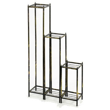 2 Tier Square Slatted Top Plant Stand, Set of 3, Black and Gold