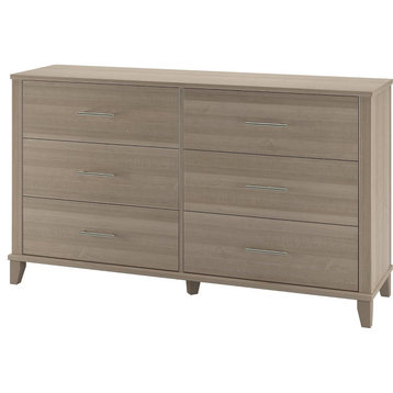 Transitional Double Dresser, 6 Storage Drawers With Bar Metal Handles, Ash Gray
