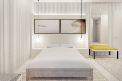 Foto de dormitorio principal minimalista de tamaño medio con paredes blancas, suelo de baldosas de cerámica y suelo gris