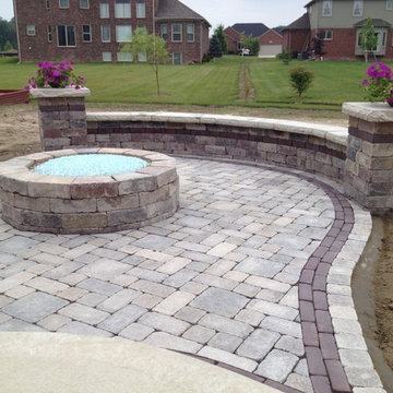 Unilock Dimensional Seat Wall, Fire PIt & Pillars w/ a Unilock Brussels patio