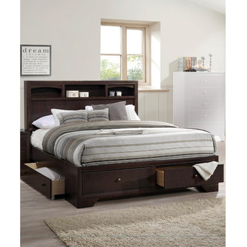 Wooden Eastern King Bed With Display Shelves And Under Bed Drawers, Dark Brown
