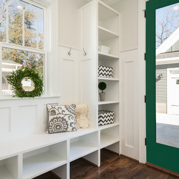 White Mudroom with VistaGrande Full Lite Green Door in Modern Farmhouse Style Ho