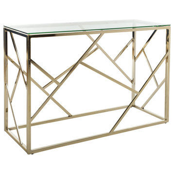 Elegant Console Table, Alluring Geometric Golden Frame & Large Clear Glass Top