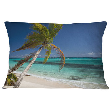 Palm Bent to Picturesque Seashore Modern Seascape Throw Pillow, 12"x20"