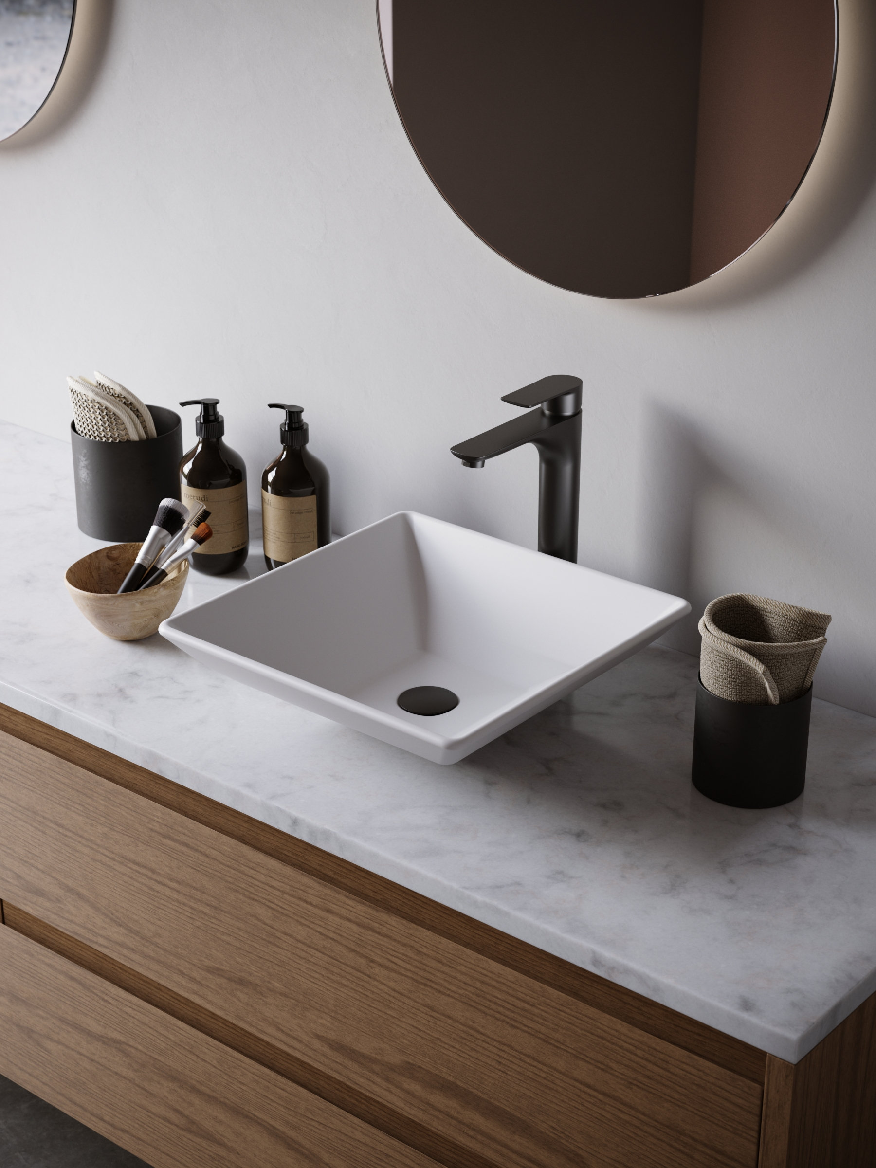 Karran White Acrylic 16" Square Vessel Sink With Faucet Kit, Matte Black