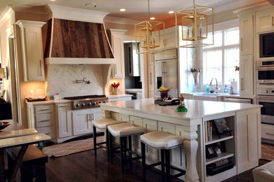 Painted White Cabinets w/ Barn Wood Accented Hood, Arched Bottoms and Island
