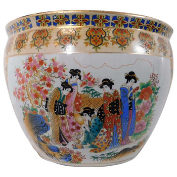 Chinese Porcelain Fish Bowl Planter, Satsuma Geishas, 10"
