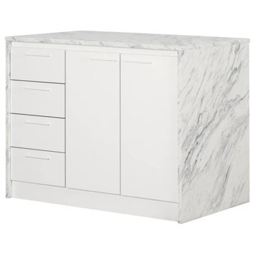 Contemporary Kitchen Island, 4 Drawers & Large Cabinet, White Faux Marble/White