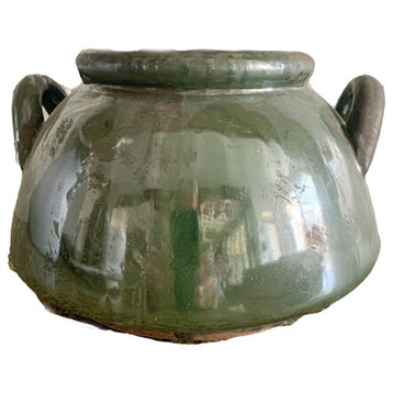 Aged Olive Dripped Glazed Pottery Kettle Vase